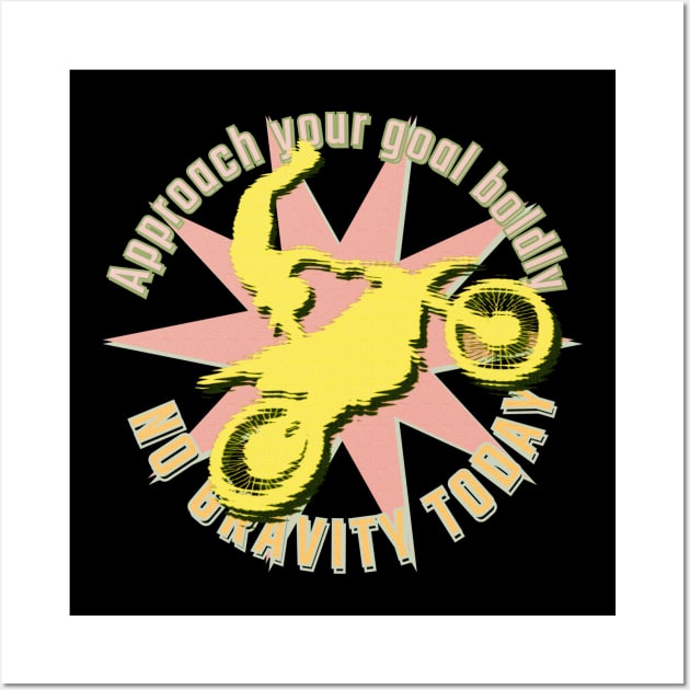 Approach your goal boldly. No gravity today. Yellow motorcyclist in jump position on a motocross bike against a light pink star background Wall Art by PopArtyParty